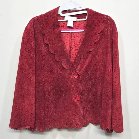 Vintage 90s Spiegel Suede Leather Jacket Plus Size 18 Laser Cut Scallop Western - Picture 1 of 8